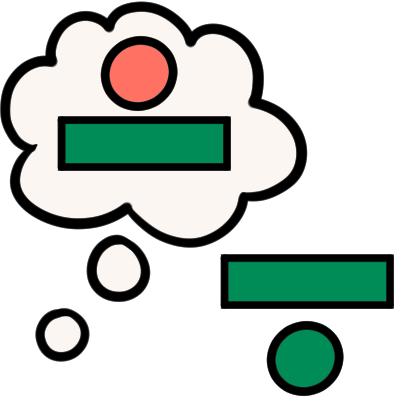 A thought bubble with a light red circle over a green rectangle. outside the speech bubble is a green circle under a green rectangle.